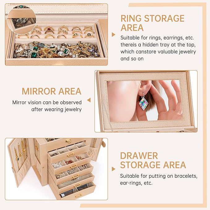 AKOZLIN 6-Tier Jewelry Box Organizer Functional 5 Drawers Leather Jewelry Storage Case for Women Girls Ring Necklace Earring 