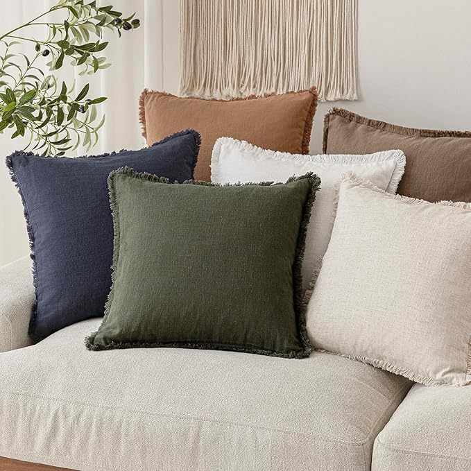 Foindtower Set of 2 Decorative Linen Fringe Throw Pillow Covers Cozy Farmhouse Cushion Cover with Tassels Accent Pillowcase f
