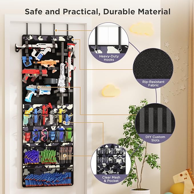 Over the Door Organizer for Toy Guns, Hanging Toy Guns Storage Organizer with Pockets and Slots for Kids Foam Blasters, Darts