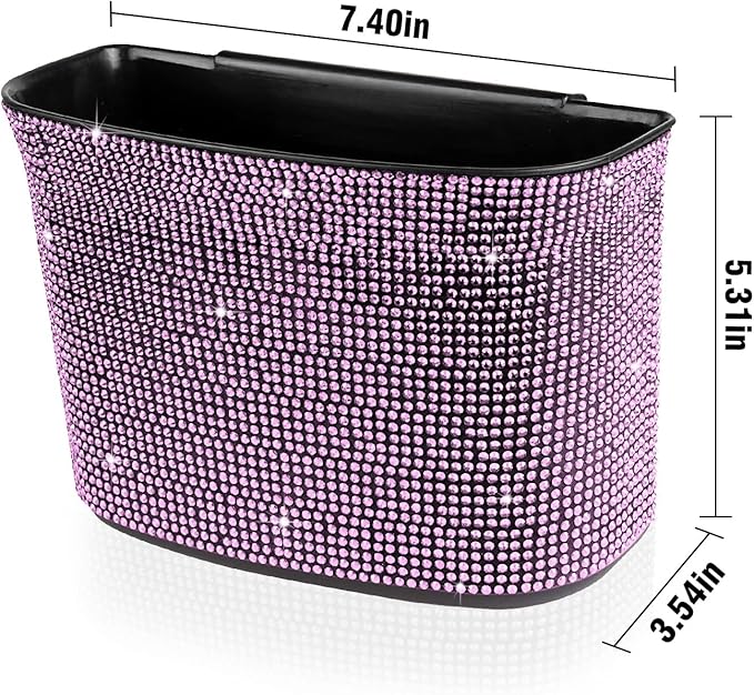 Bling Crystal Auto Trash Can, 100% Leak Proof Car Trash Bin with Storage Pockets, Hanging for Backside/Gearshift/Center Console, Pink