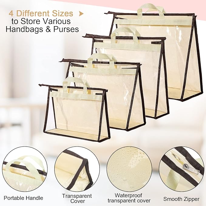 16 Pack Clear Handbag Storage Organizer and 16 Stainless Steel S-Hooks Anti-dust Purse Storage Bags with Zipper and Handle Mo