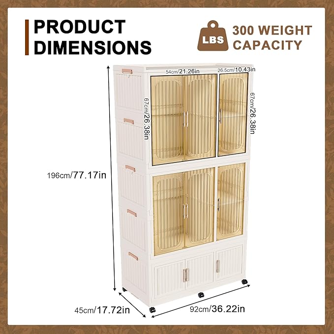 Portable Closet Wardrobe with Magnetic Doors, Foldable Armoire Wardrobe Closet with 2 Hanging Rods, 9 Cubes and 6 Hangers, Be