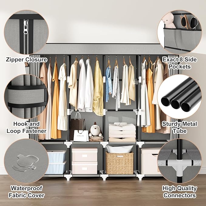 Portable Closet for Hanging Clothes, 67 Inch Wide Portable Wardrobe Closet with Cover, 4 Hanging Rod, Storage Shelves and Sid