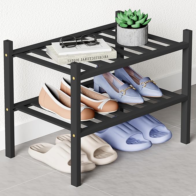 Smiry Bamboo Shoe Rack for Closet, 2 Tier Small Wooden Stackable Shoe Organizer, Free Standing Shoes Storage Shelf for Entryw