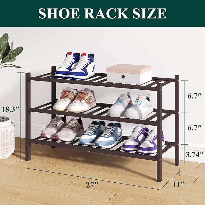 Smiry Bamboo Shoe Rack for Closet, 3 Tier Wooden Stackable Shoe Organizer, Free Standing Shoes Storage Shelf for Entryway, Fr