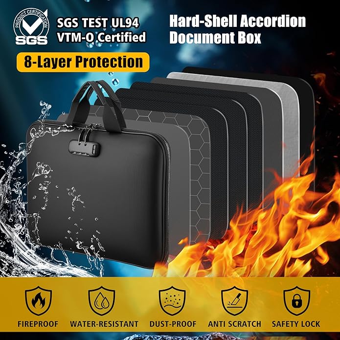 Fireproof Document Box with Combination Lock, Hard-Shell Fireproof File Organizer for Legal Documents, Laptop, Valuables & Im