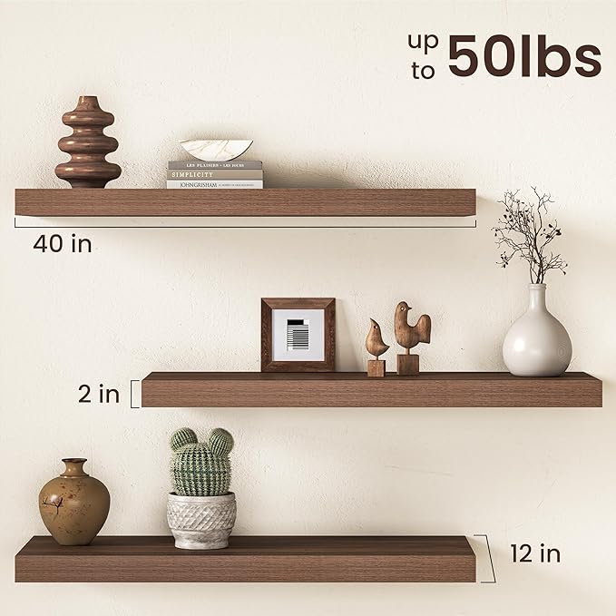 40Inch Walnut Floating Shelves for Wall, 12 Inch Deep Shelves for Bedroom, Kitchen, Bathroom Wall Mounted, Rustic Wood Floati