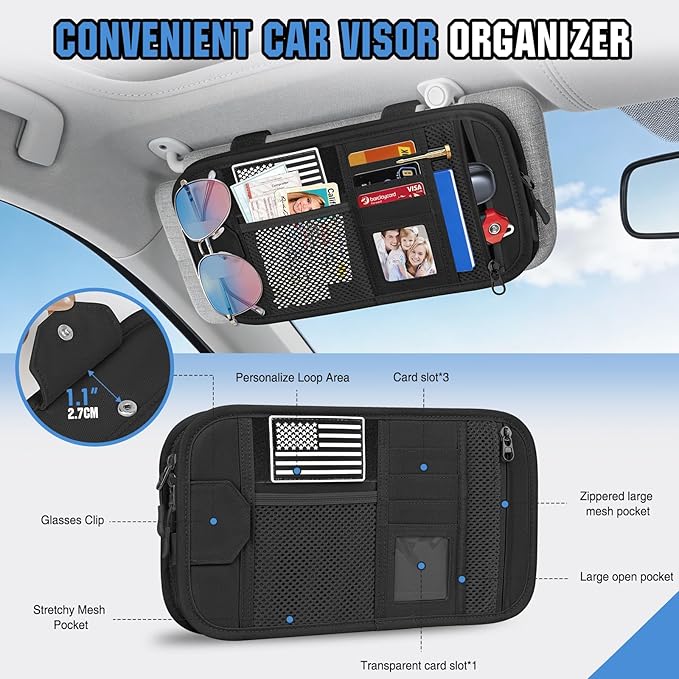 HUANLANG Car Sun Visor Organizer, Tactical Car Accessories with Zipper Storage Pouch, Glasses Clip Card Sleeve Pocket, Multi-Pocket Visor Organizer Fits Most Cars, SUVs, Trucks