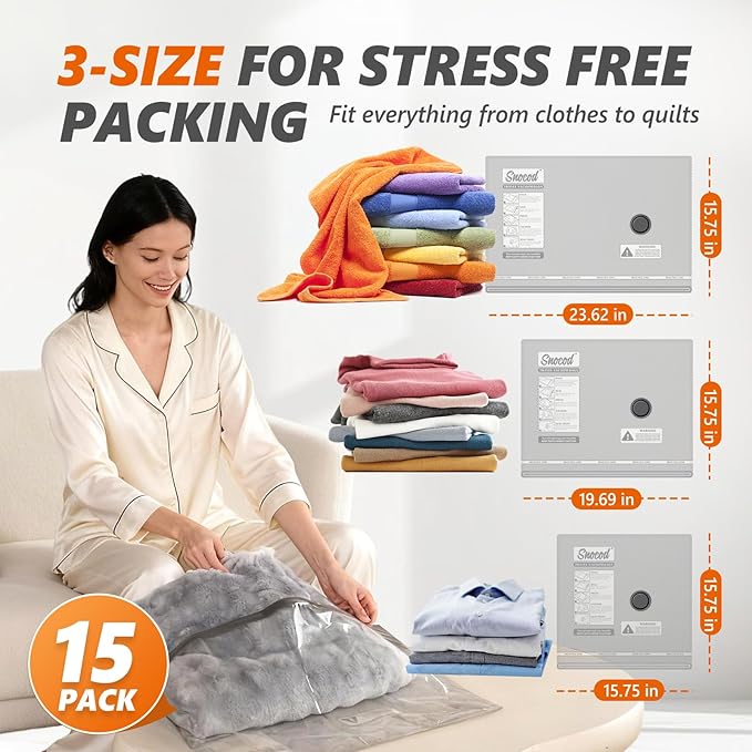 15 Pack Vacuum Storage Bags with -70KPa Electric Pump, Premium Tear-Resistant Reusable Bags for Clothing, Space Saving Essent