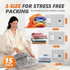 15 Pack Vacuum Storage Bags with -70KPa Electric Pump, Premium Tear-Resistant Reusable Bags for Clothing, Space Saving Essent