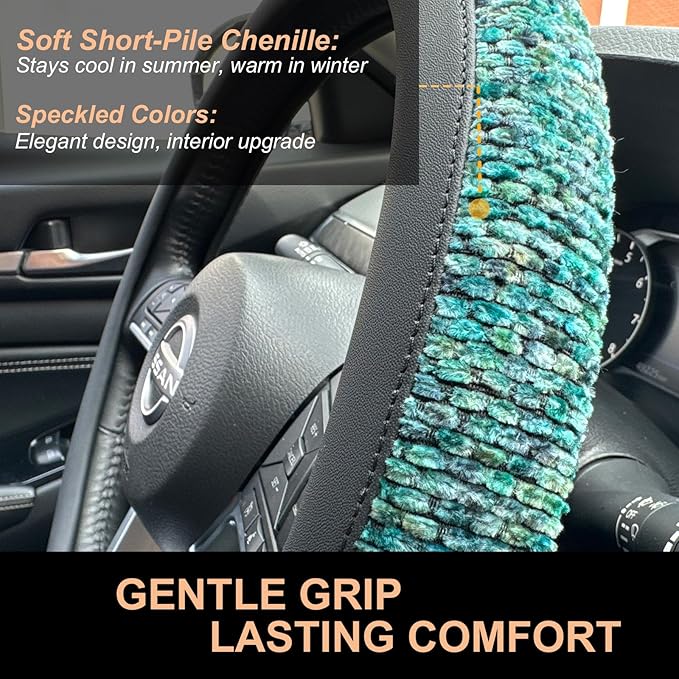 PINCTROT D Shaped Chenille Leather Steering Wheel Cover, Soft Mottled Colors, Sweat-Proof, Non-Slip Grip, All-Season Comfort,
