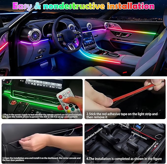 Car Led Strip Lights, Interior Car Lights, App and RF Remote Control Ambient Lighting Kit with RGB 16 Million Colors Fiber Optics&Music Sync Rhythm, USB Neon Light Accessories for Center Console&Door