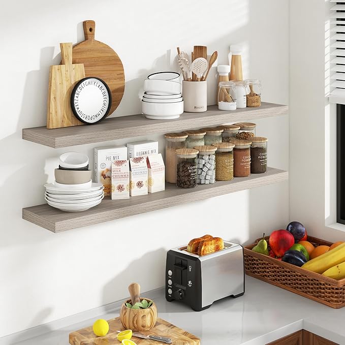 48 Inch Floating Shelves, 8 Inch Deep Floating Shelves for Wall, Hanging Shelf with Invisible Brackets, Deep Shelves for Bath