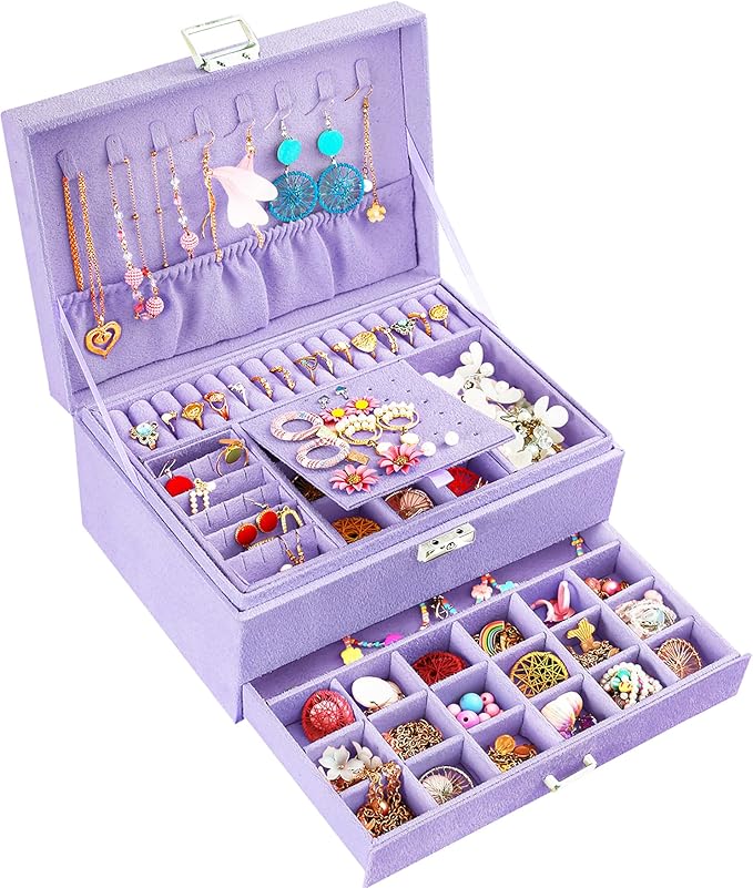 QBestry 3-Layer Jewelry Box for Girls & Teens with Lock and Key, Large Jewelry Organizer with 8 Necklace Hooks & 56 Earring H