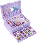 QBestry 3-Layer Jewelry Box for Girls & Teens with Lock and Key, Large Jewelry Organizer with 8 Necklace Hooks & 56 Earring H