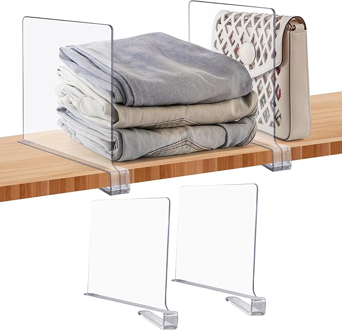 JOY DECOR 2 Pack Acrylic Clear Shelf Dividers for Closets Organizer and Storage Adjustable Vertical Wood Shelf Closet Separat