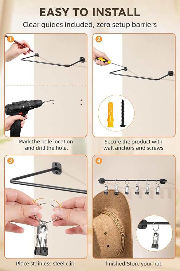 Cowboy Hat Rack for Wall Cowboy Hats Hook with 12 Clips Metal Cowboy Hat Hanger for Bucket Baseball Caps Sunhat Winter Beanie