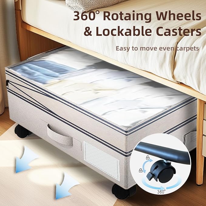 2 Pack Under Bed Storage with Wheels- Adjustable Underbed Rolling Storage Organizer Containers for Clothes and Shoe, 72L Larg