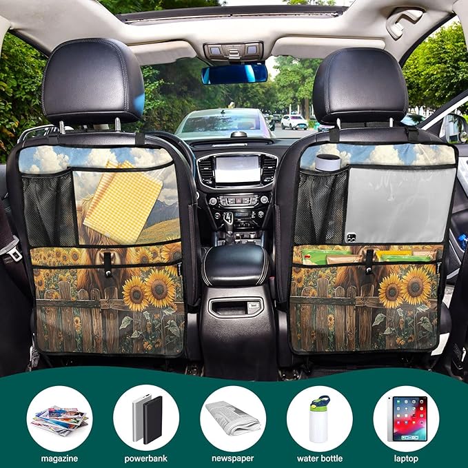 Highland Cow Sunflower Field 2 Pack Multifunctional Car Seat Back Organizer, Backseat Kick Protectors Vehicle Storage Bag with Tablet Holder