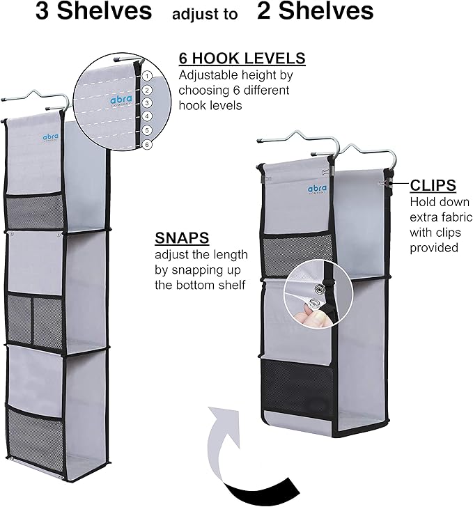 ABRA® 3 Shelf Hanging Locker Organizer for School, Gym, Work, Storage | Deep Shelves 6.5”x 9”| Eco-Friendly Fabric Healthy fo