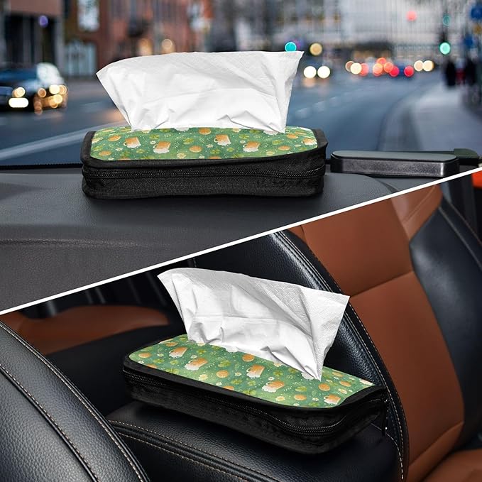 Car Tissue Holder Car Visor Organizer Tissue Box Holder for Car Sun Visor Organizer with Car Vehicle Accessories Essentials Interior for Women Men Green Mugs Clovers Daisies St.Patrick