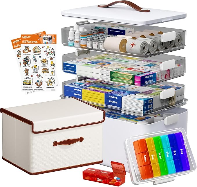 Large Medicine Cabinet Organizer with Tall Bottle Storage Bin & 7-Day Pill Box, 4-Tier Medicine Storage Organizer, Family Fir