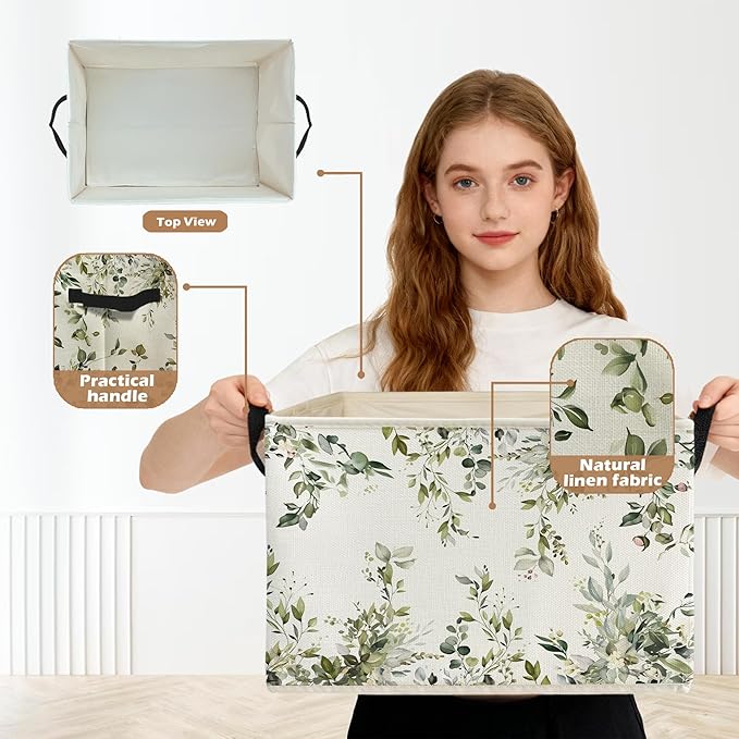 Watercolor Green Botanical Storage Box Bins, Rustic Cottagecore Flower Botanical Collapsible Storage Basket Organizer for Bed