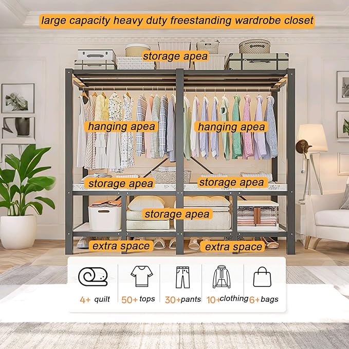 95.3in Heavy Duty Clothe Rack with Cover Load 1200lbs Foldable Portable Wardrobe Closets for Hanging Clothes Freestanding Clo