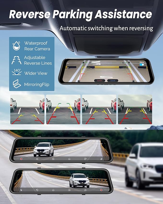 4K Rear View Mirror Camera with Carplay&Android Auto,12" Mirror Dash Cam Front and Rear with Voice Control for Cars&Trucks,Sm