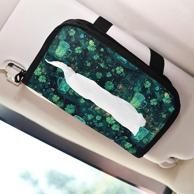 Car Tissue Holder Car Visor Organizer Tissue Box Holder for Car Sun Visor Organizer with Car Vehicle Accessories Essentials Interior for Women Men Teal Glowingmugs Clovers Lights St.Patrick