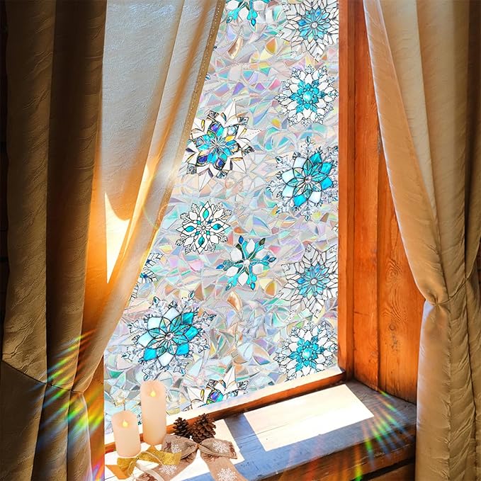 Niviy Christmas Window Clings, Stained Glass Window Film for Xmas Decals Holiday Snowflake Christmas Home Office Decorations for Indoor Outdoor (16.93 x 39.37inch)