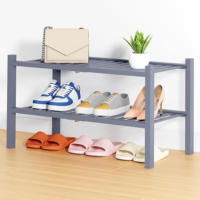 Smiry Shoe Rack, 2 Tier Thick Bamboo Shoe Organizer, Stackable Free Standing Wooden Shoe Storage Shelf for Closet, Entryway, 