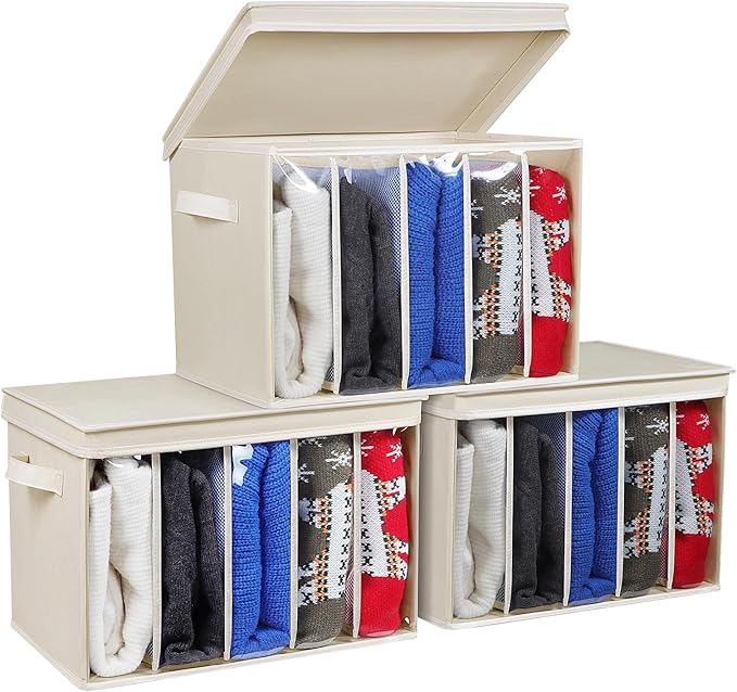 Zilink Upgraded Clothes Organizers with Lids and Support Boards Large Sweater Organizer for Closet Shelf with 5 Grids Divider
