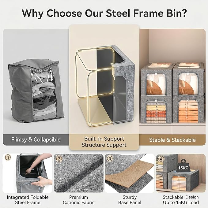 GoMaihe Clothes Storage Bin with Metal Frame: 6-Pack Stackable Closet Storage Bin with Lid & Clear Window, Sweater Boxes Stor