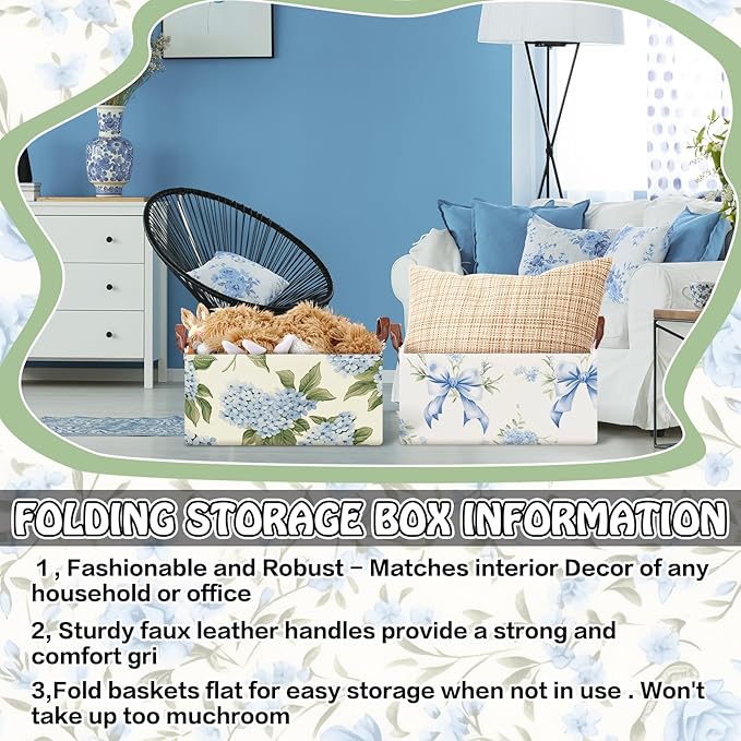 Boao 3 Pcs Blue Hydrangea Bow Storage Bin Flowers Collapsible Large Storage Baskets for Gifts Canvas Laundry Basket Foldable 
