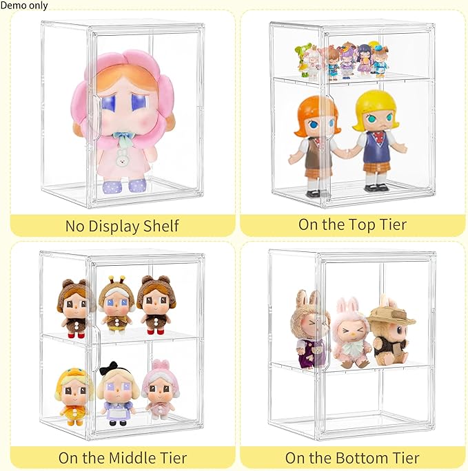 Acrylic Display Case with Removable Shelf, 2 Tier Clear Plastic Stackable Storage Bins with Magnetic Lids, Figure Display Cas