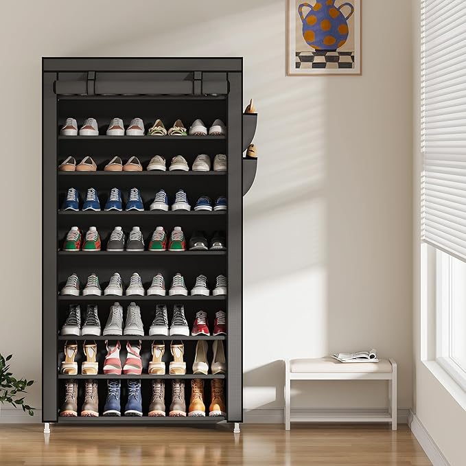 Laiensia 9-Tier Vertical Shoe Rack Organizer, Space Saving Shoe Storage Organizer, Non-Woven Cover Shoe Shelf Holds 36-45Pair