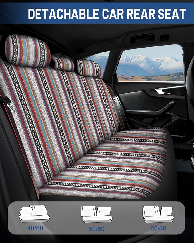 Baja Saddle Blanket Car Seat Covers Full Set with Seat Belt Pads and Steering Wheel Cover, Washable Breathable Striped Woven 