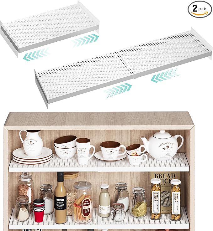 2Pack Expandable Tension Shelf, Heavy-Duty Metal Cabinet Closet Shelves Organizer, Adjustable Shelves, Closet Shelving System