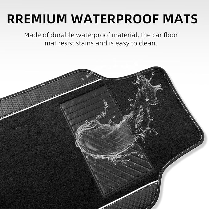 NBTEPEM Microfiber Steering Wheel Cover and Waterproof Car Floor Mats, Universal Fit Most Truck, SUV, Cars, 14.5-15inch Sporty Steering Wheel Covers with Anti-Slip Lining (Black with White line)