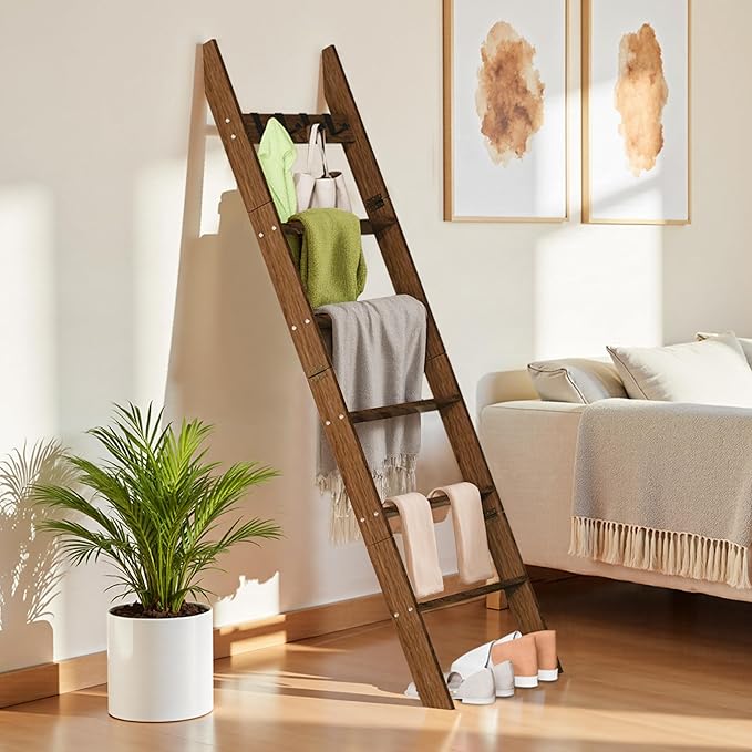 6-Tier Blanket Ladder for Living Room, 5.6FT Pine Wood Quilt Rack with 4 Anti-Slip Straps and 4 Removable Hooks, Lightweight,