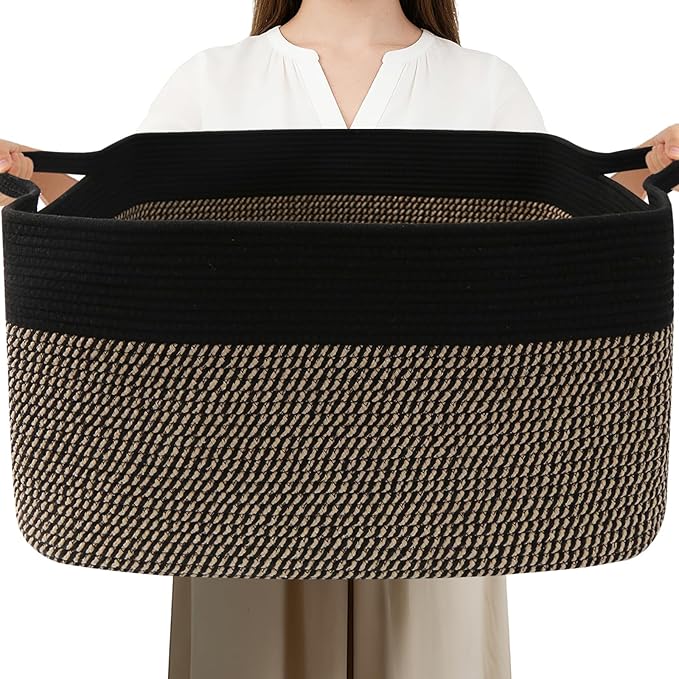 96L Large Blanket Basket,24"x16"x15"Rectangle Storage Bin with Handles,Woven Rope Laundry Basket for Toys, Clothes,Magazines,