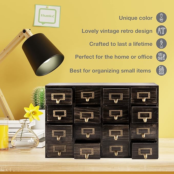 Dark Ash 16-Drawer Card Catalog Artisan Drawer Chest - 20"x3.6"x14" - Desktop Apothecary Crafted in Solid Wood, Curating Time
