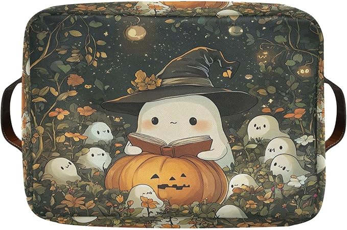 xigua Cute Ghost Wearing Witch Hat Storage Basket Foldable Storage Bin, Canvas Rectangular Storage Basket with Leather Handle