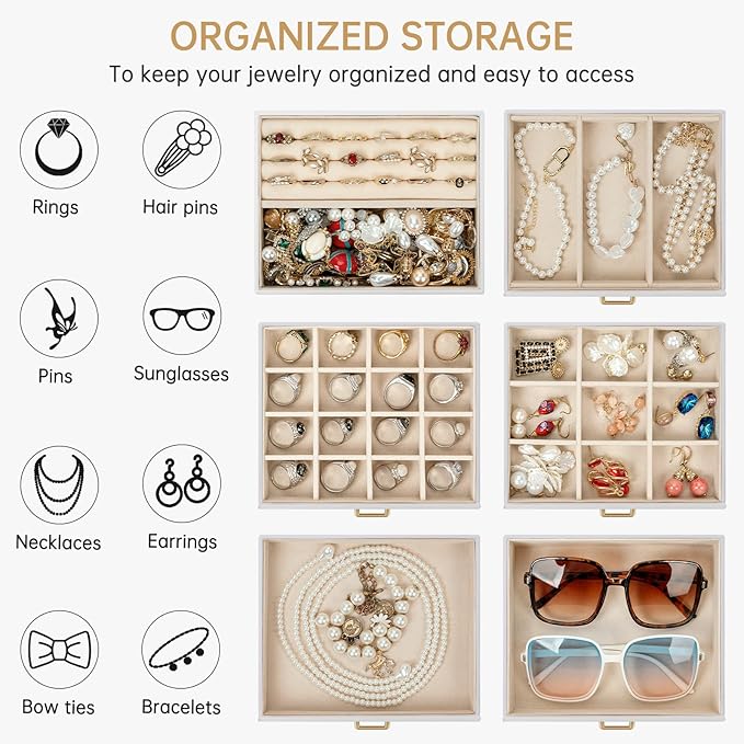 AKOZLIN 6-Tier Jewelry Box Organizer Functional 5 Drawers Leather Jewelry Storage Case for Women Girls Ring Necklace Earring 