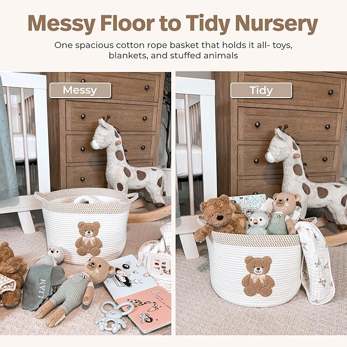 Teddy Bear Storage Basket for Nursery – Large 15"x11" Cotton Rope Bin with Soft Embroidered Bear Patch – Gender Neutral Toy O