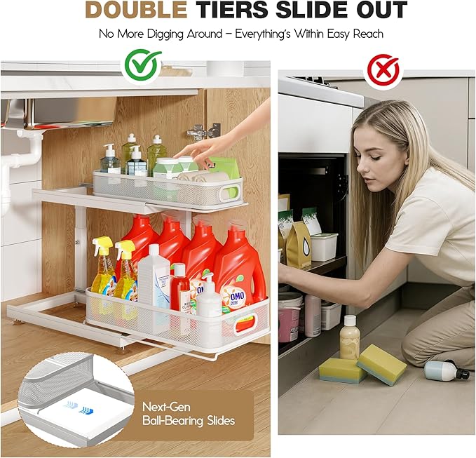 2-Pack Under Sink Storage Organizer with 2-Tier Slide Out Drawer, Sophisticated Mesh Pull Out Shelf for Kitchen & Bathroom, F
