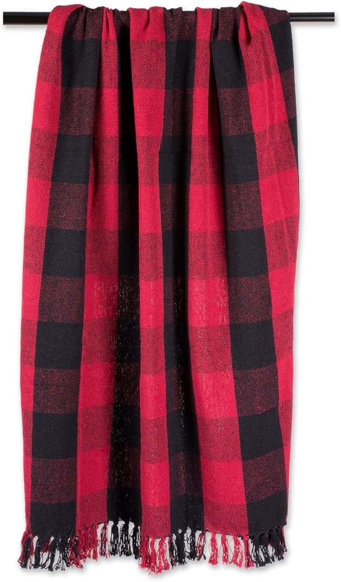 DII Buffalo Check Collection Rustic Farmhouse Throw Blanket with Tassles, 50x60, Tango Red/Black