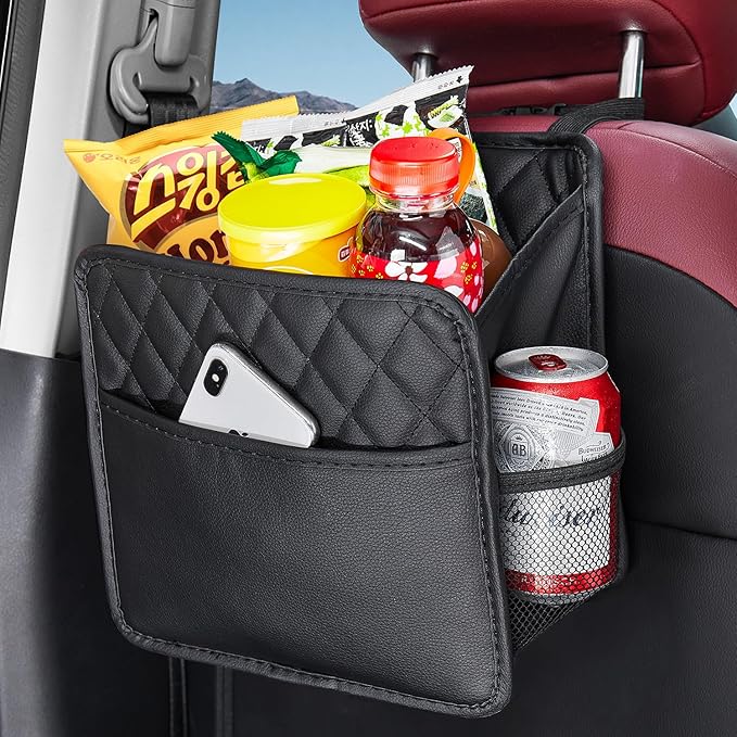 LXUNYI Car Organizer Back Seat, 2 Pack Waterproof Pu Leather Car Seat Storage Bag Large Foldable Universal Hanging Car Seat Back Organizer for Kids & Adults with Cup Holders Car Travel Accessories