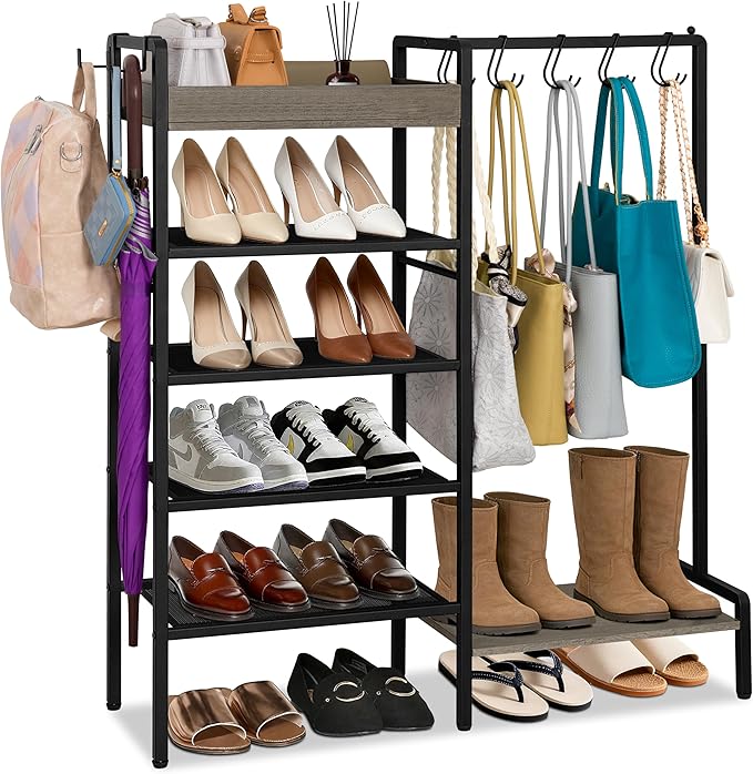 2-in-1 Shoe and Purse Rack, 5-Tier Shoe Rack with Wooden Tray & 7 Hooks, Industrial Metal Shoe Shelf with Removable Shelves f
